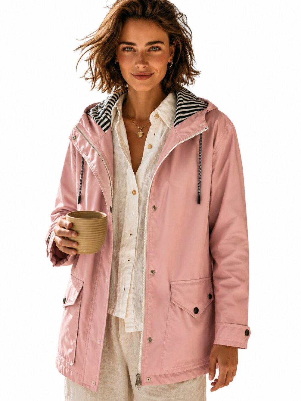 Pink Hooded Jacket, with navy and white striped lining